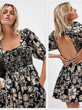 Free People Dear Delilah Mini Dress Medium Black Tan Floral Pockets Puff Sleeves